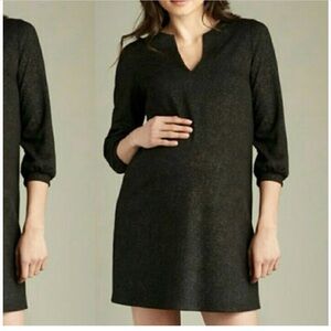 Maternal American open v-neck black shimmer 3/4 sleeve sheath above knee s dress